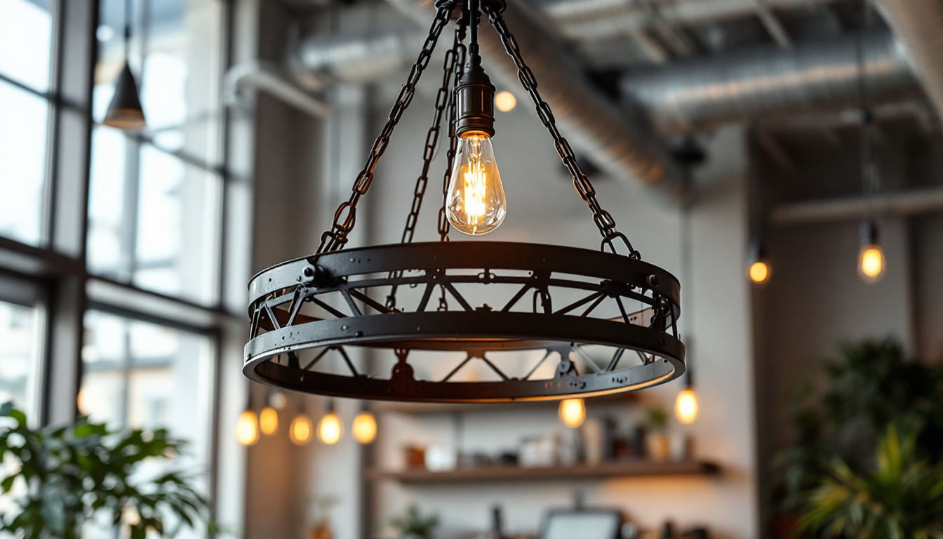 A photograph of a striking industrial chandelier suspended in a stylish