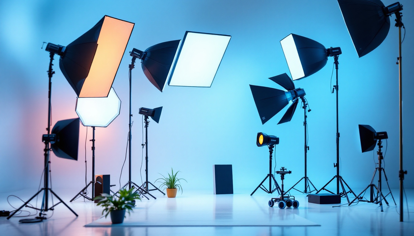 A photograph of a beautifully arranged scene featuring various types of lighting equipment