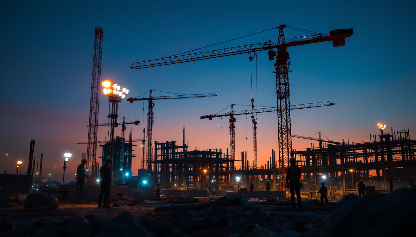 A photograph of capture a photograph of a well-lit construction site during the golden hour