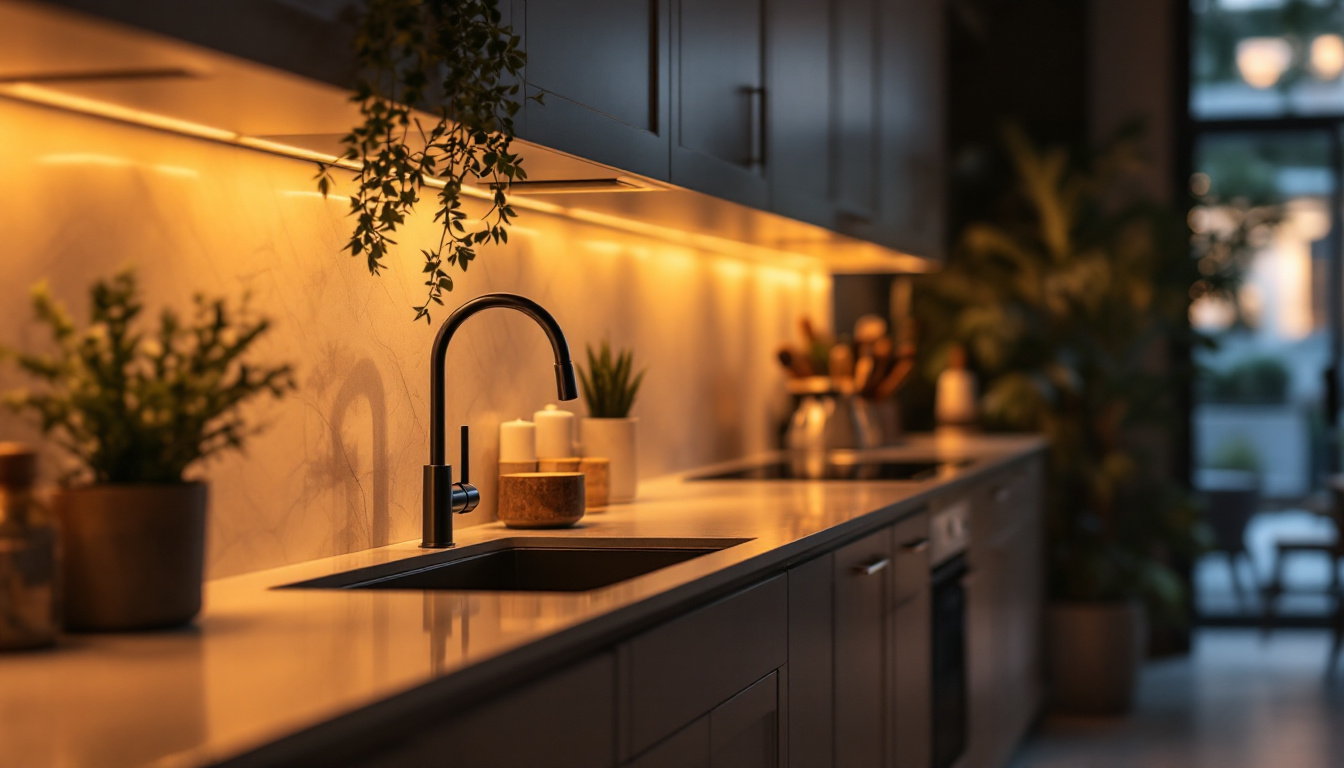 A photograph of capture a photograph of a beautifully designed kitchen featuring warm