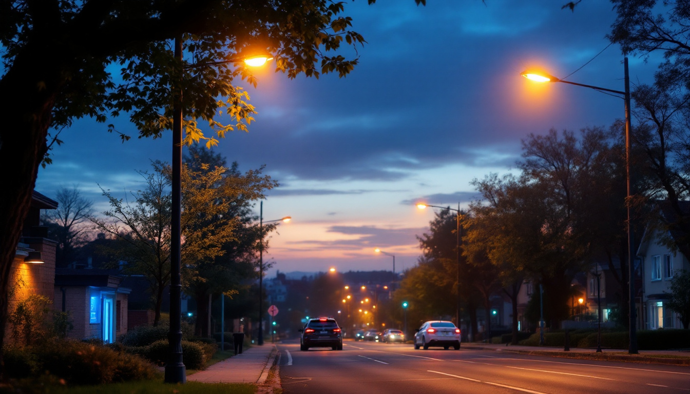 A photograph of a well-lit outdoor scene at dusk