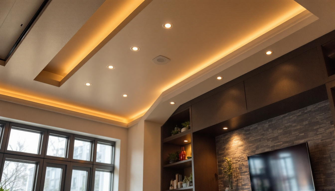 A photograph of capture a photograph of a beautifully designed vaulted ceiling featuring stylish recessed lighting that highlights the architectural details