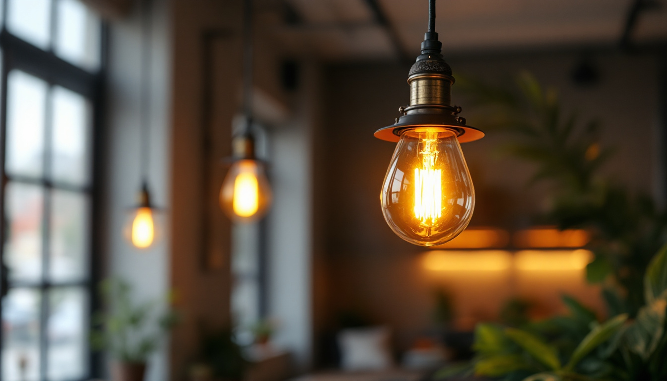 A photograph of a stylish industrial pendant light hanging in a modern
