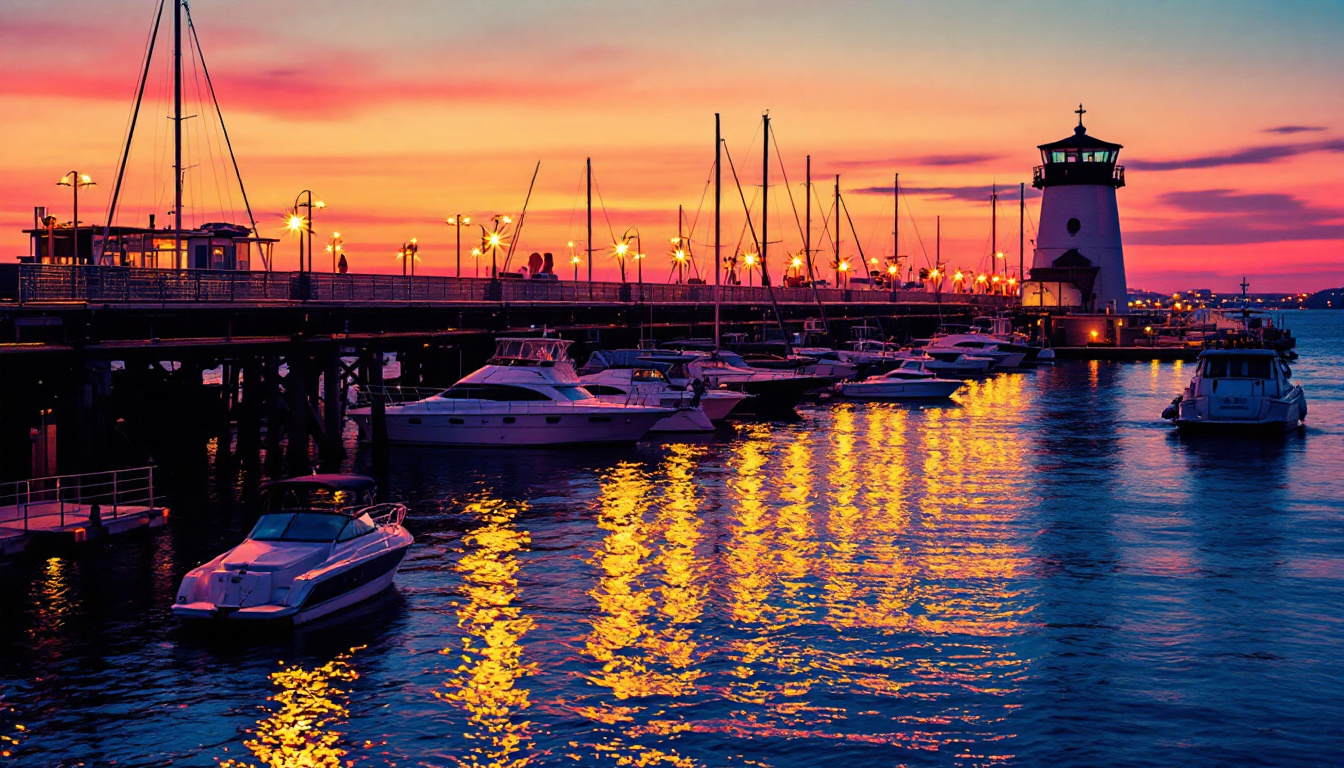 A photograph of a well-lit dock scene during twilight