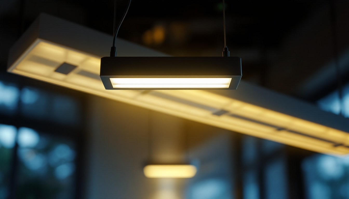 A photograph of a close-up shot of a modern led light fixture with its ballast bypass feature clearly visible