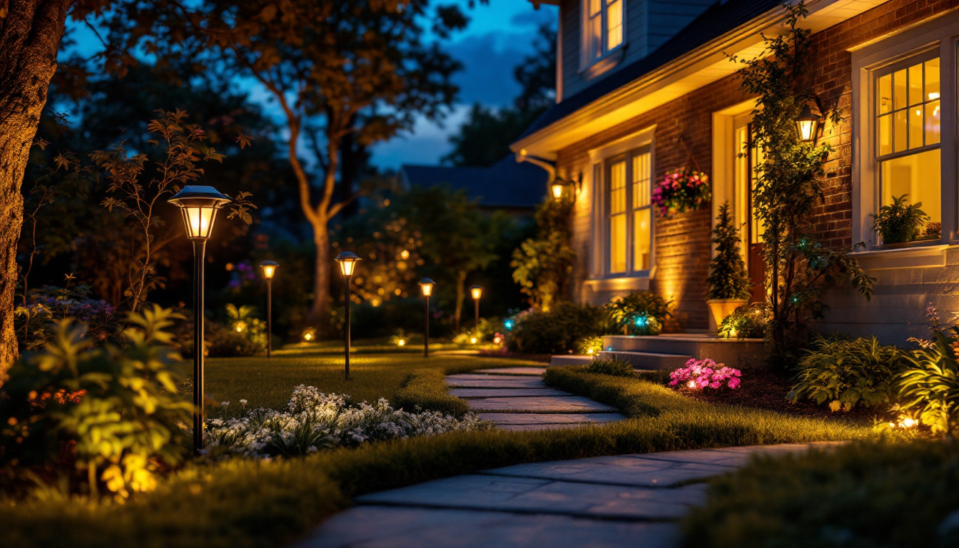 A photograph of a beautifully illuminated yard at dusk