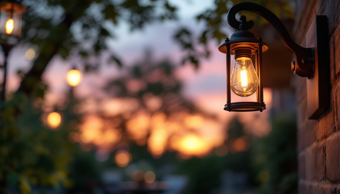 A photograph of a beautifully designed hanging exterior light fixture illuminated at dusk