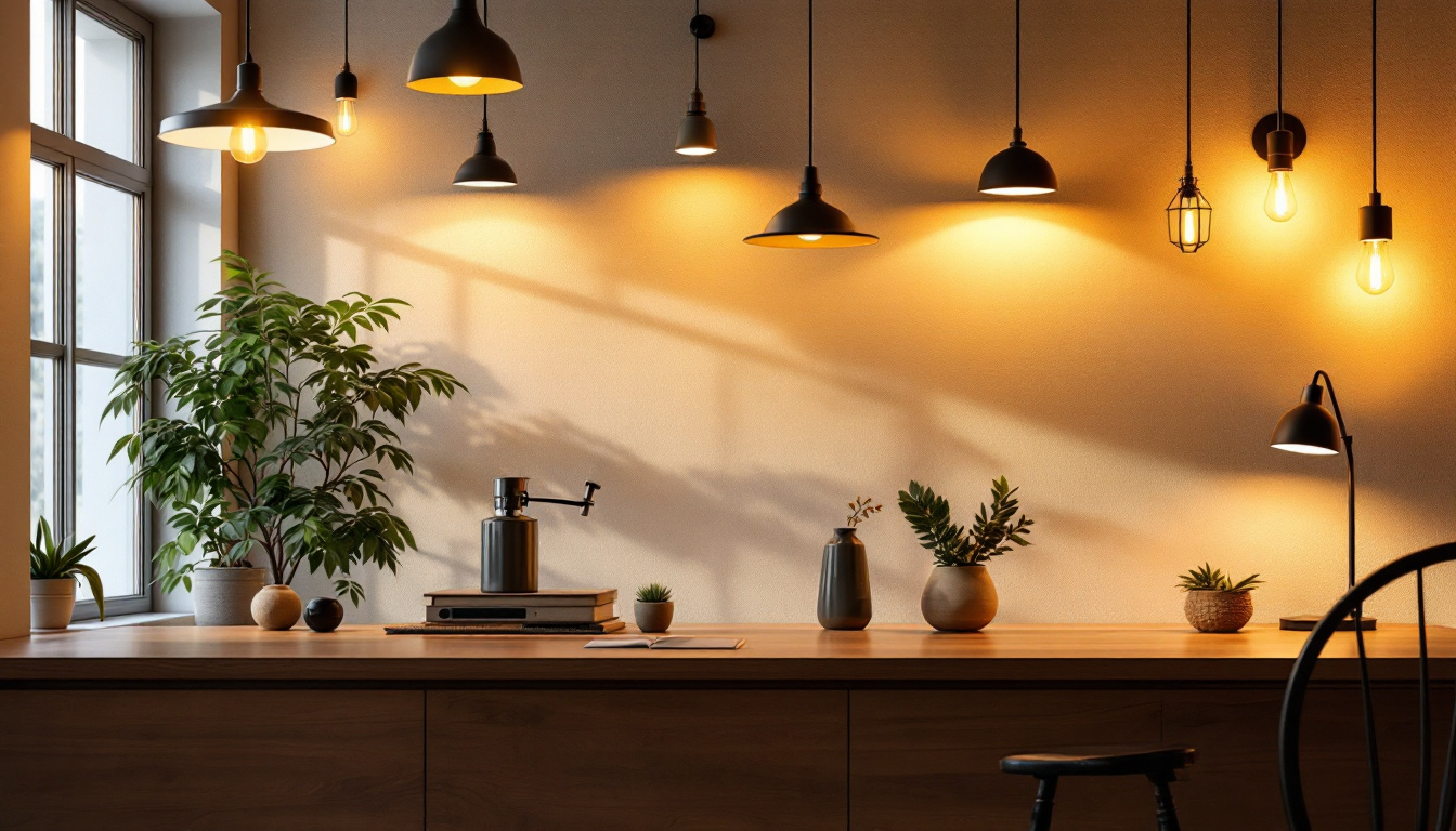 A photograph of a well-lit interior space showcasing a variety of light fixtures
