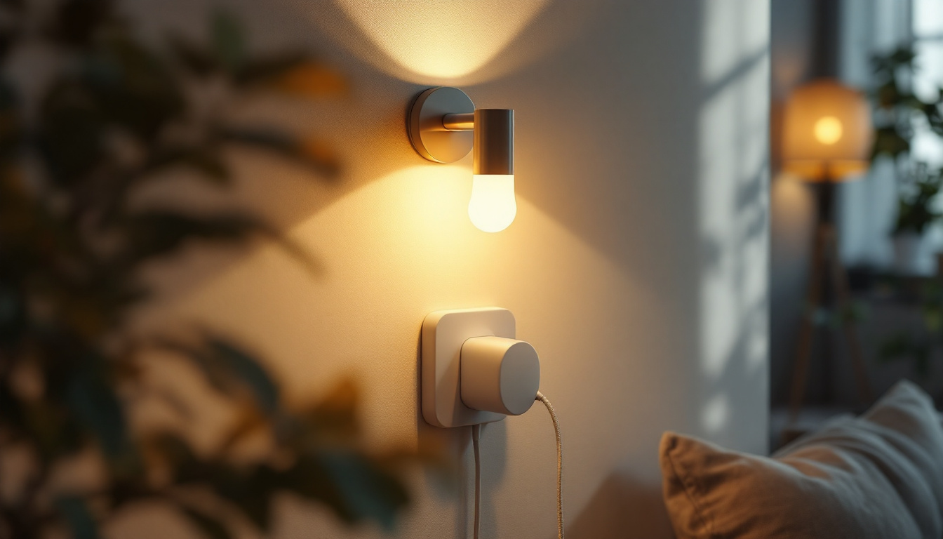 A photograph of a stylish plug-in wall lamp illuminated in a cozy interior setting