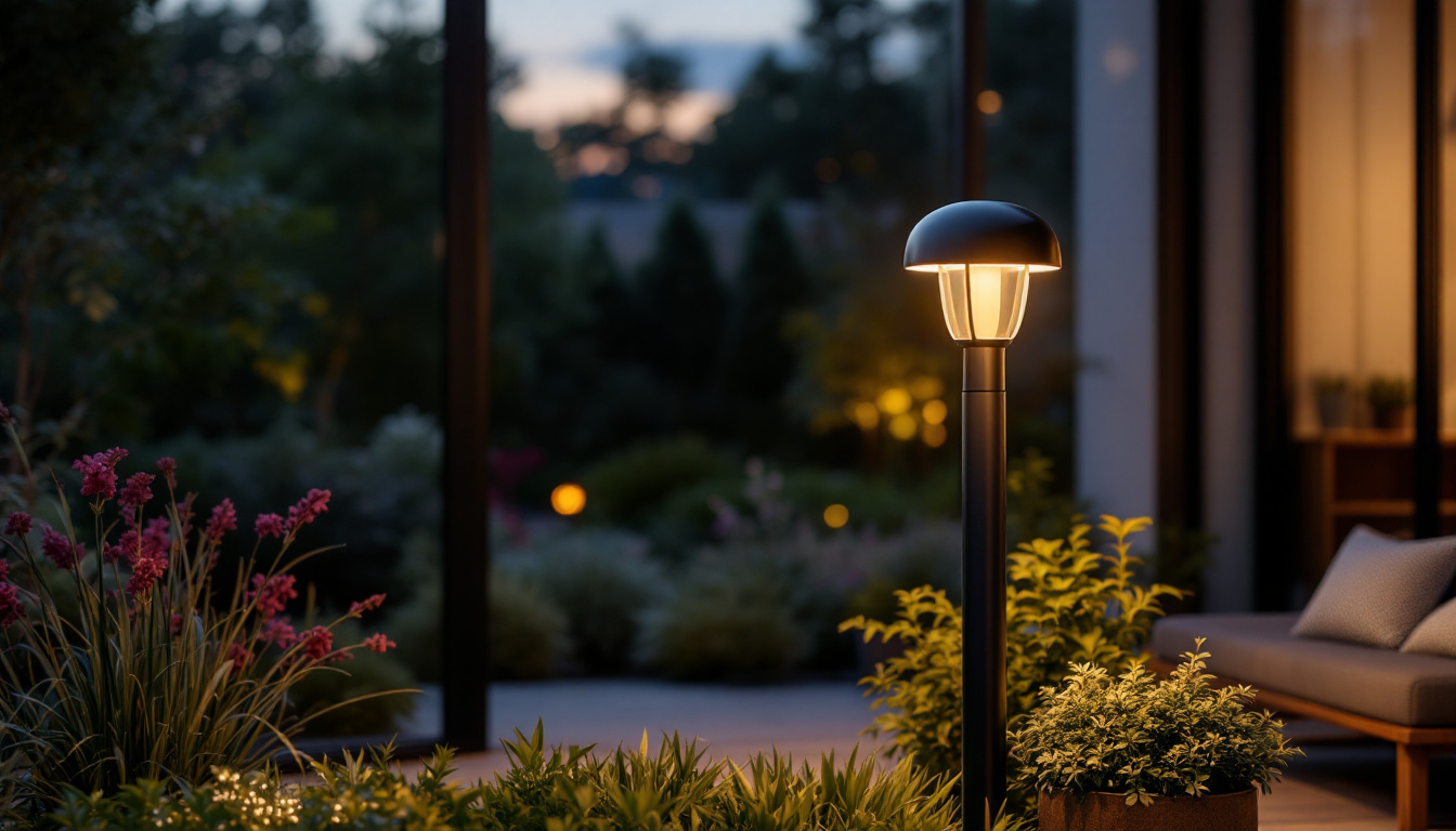 A photograph of a stylish modern exterior lamp illuminating a beautifully landscaped outdoor space during twilight