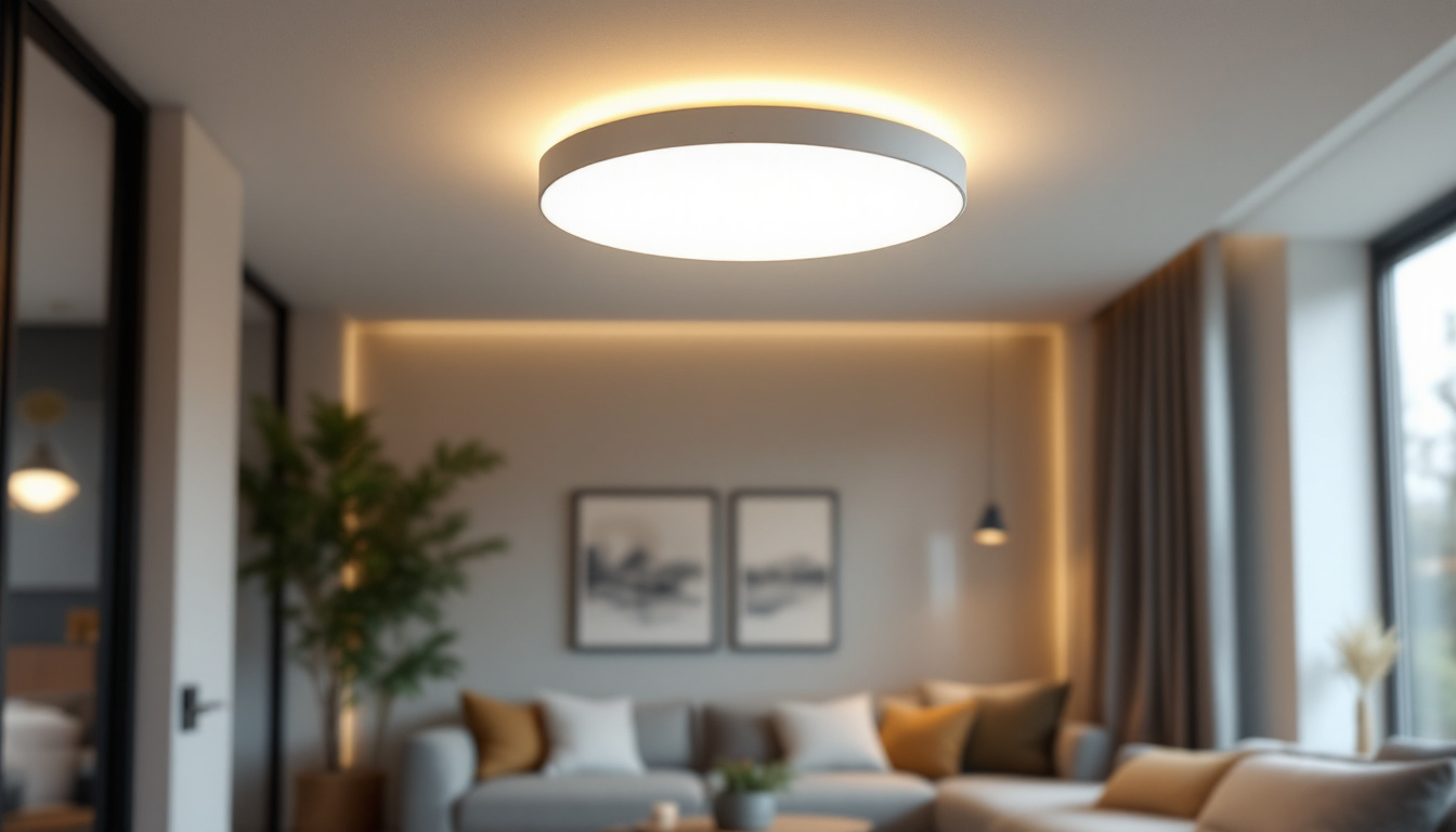 A photograph of a sleek motion sensor ceiling light installed in a modern living space