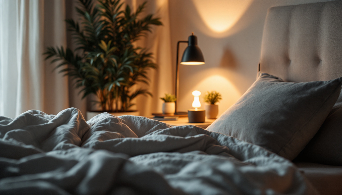 A photograph of a cozy bedroom scene featuring a stylish bedside lamp casting warm