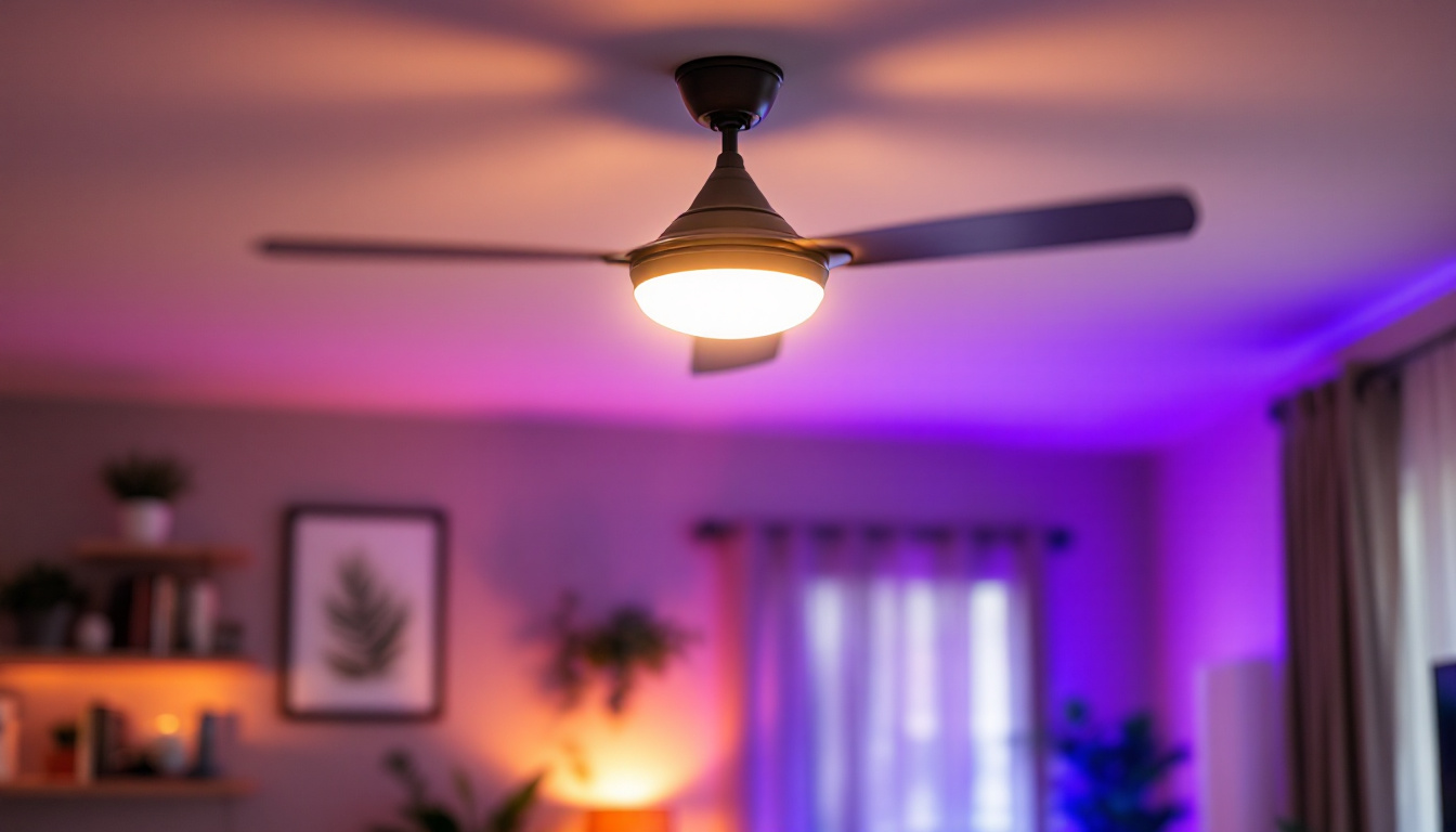 A photograph of a stylish ceiling fan with an integrated light kit