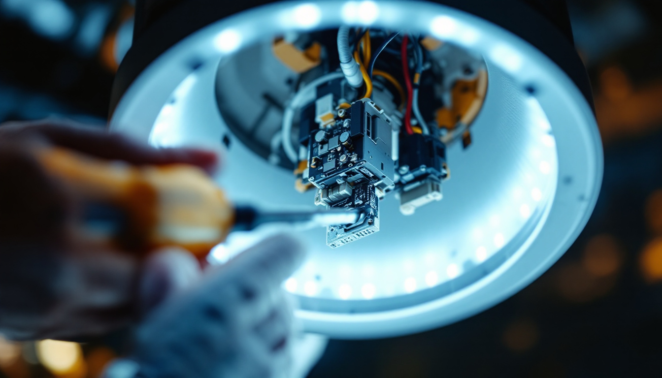 A photograph of a close-up shot of an led driver being replaced in a lighting fixture