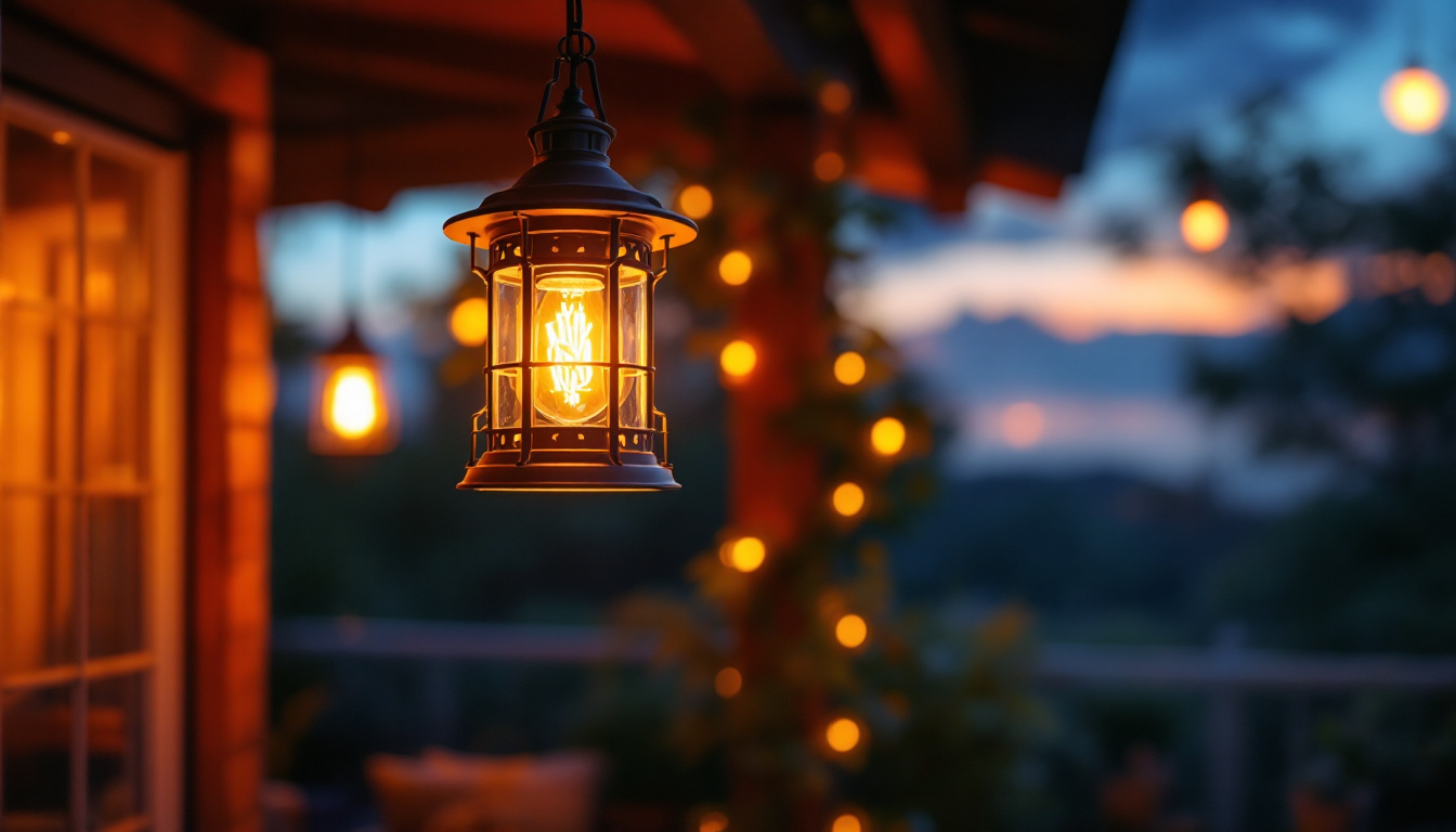 A photograph of a beautifully designed outdoor hanging lamp illuminated at dusk