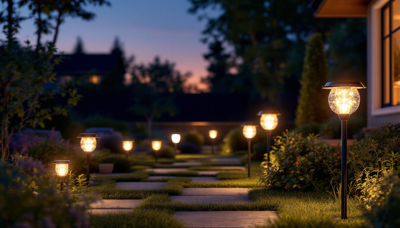 A photograph of a beautifully illuminated outdoor space featuring various styles of solar yard lights