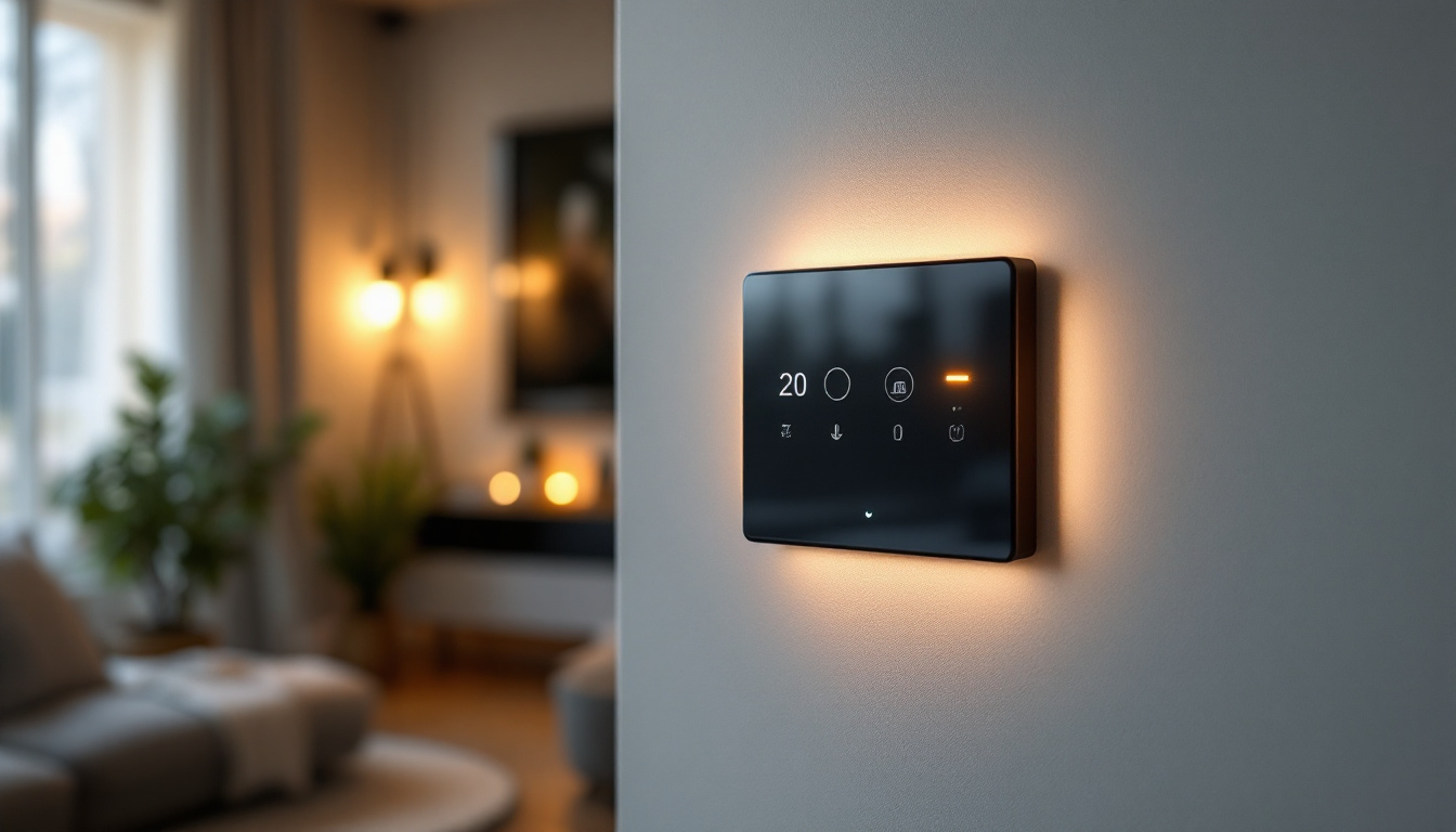 A photograph of a modern living room featuring a stylish home automation switch panel