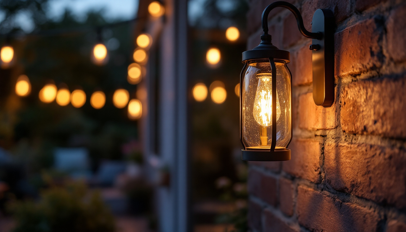 A photograph of a beautifully designed outdoor wall-mounted lantern illuminating a cozy patio or garden setting at dusk