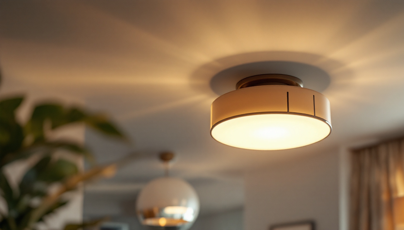 A photograph of a stylish flushmount light fixture installed in a beautifully decorated room
