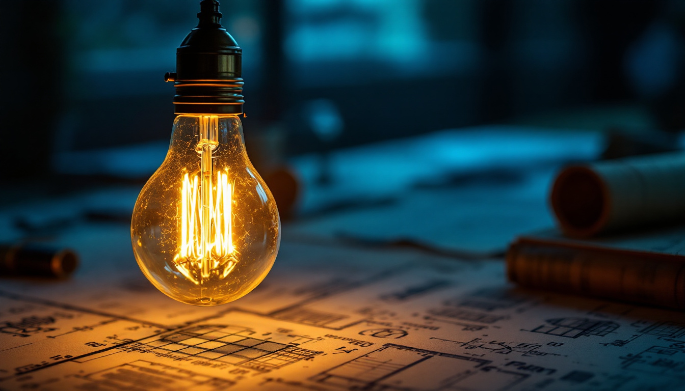 A photograph of a vintage light bulb glowing warmly in a dimly lit setting