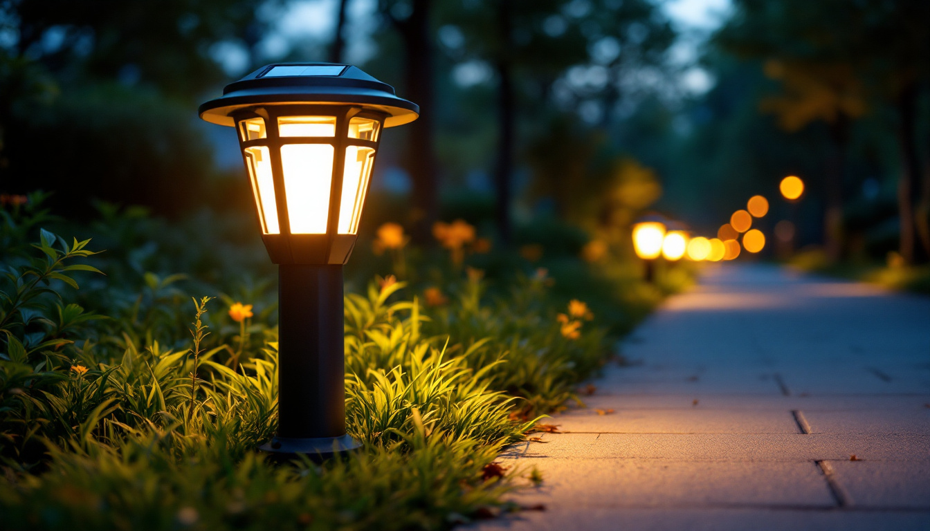 A photograph of a beautifully illuminated solar sidewalk light at dusk