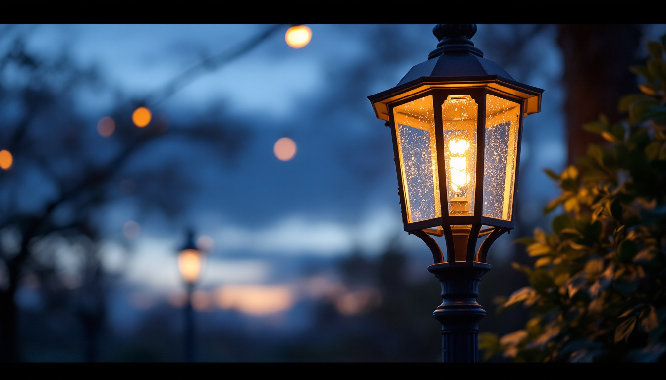 A photograph of a beautifully illuminated outdoor lamp post at dusk