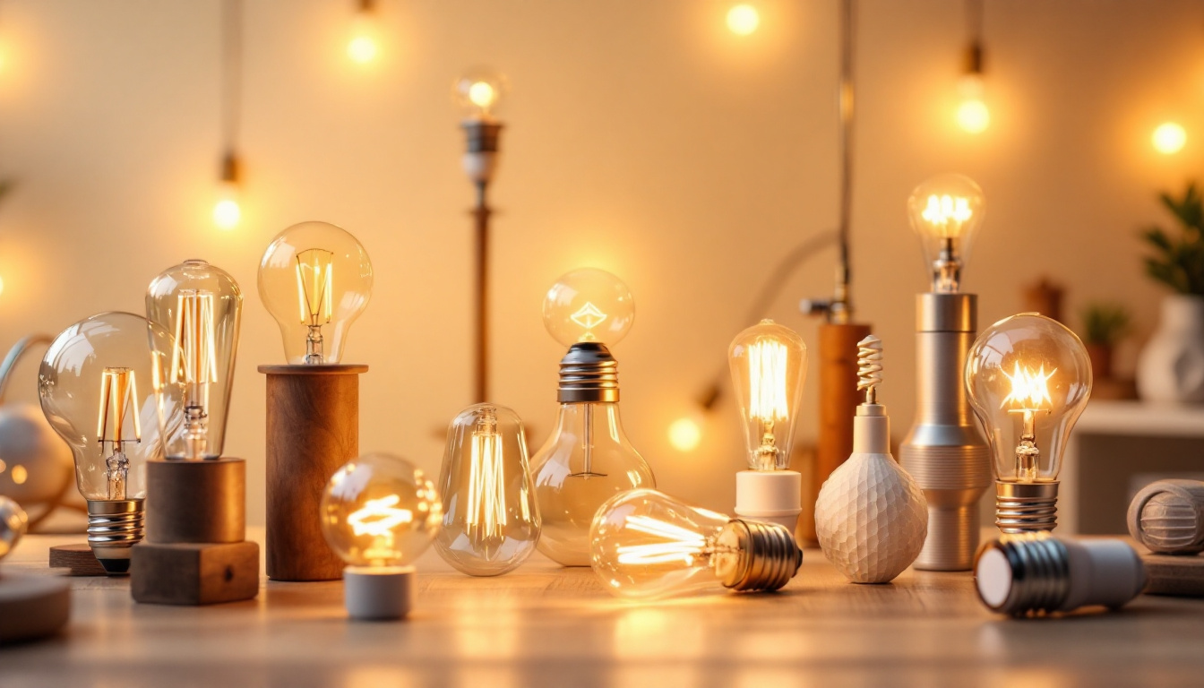 A photograph of a beautifully arranged display of various types of light bulbs and fixtures