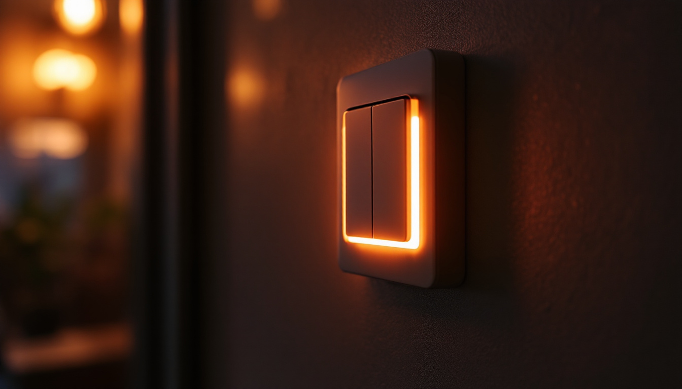 A photograph of a close-up of a modern lighted light switch in a stylish interior setting