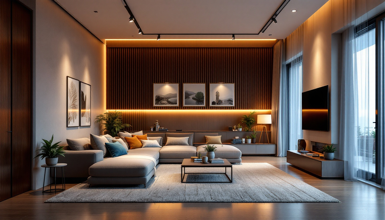 A photograph of capture a photograph of a modern living space illuminated by sleek led ceiling lights
