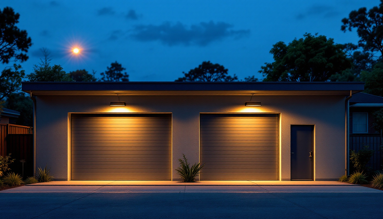 A photograph of a well-lit outdoor garage at dusk