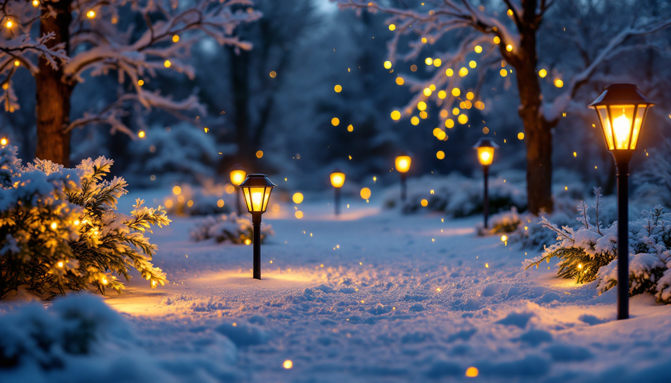 A photograph of a beautifully illuminated outdoor space featuring solar lights in a winter setting