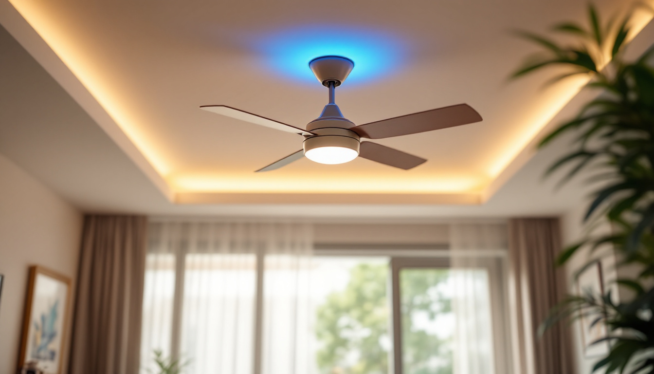 A photograph of a stylish ceiling fan in a well-lit living space