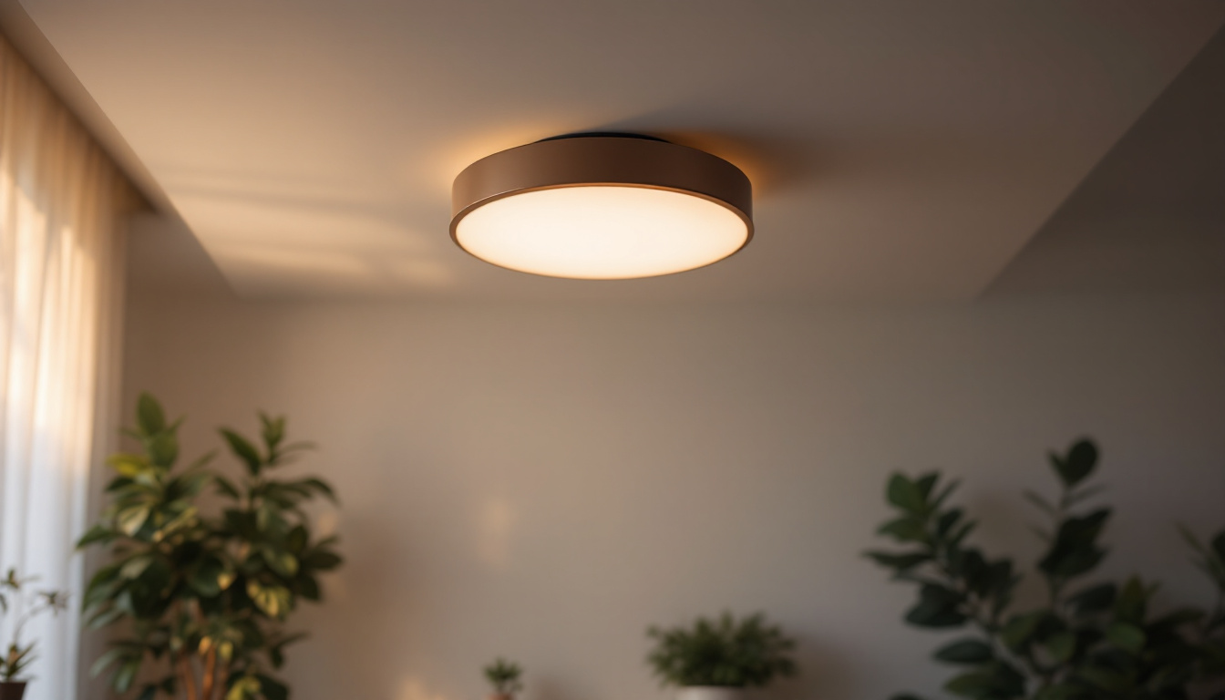 A photograph of a stylish flush ceiling light fixture in a well-lit