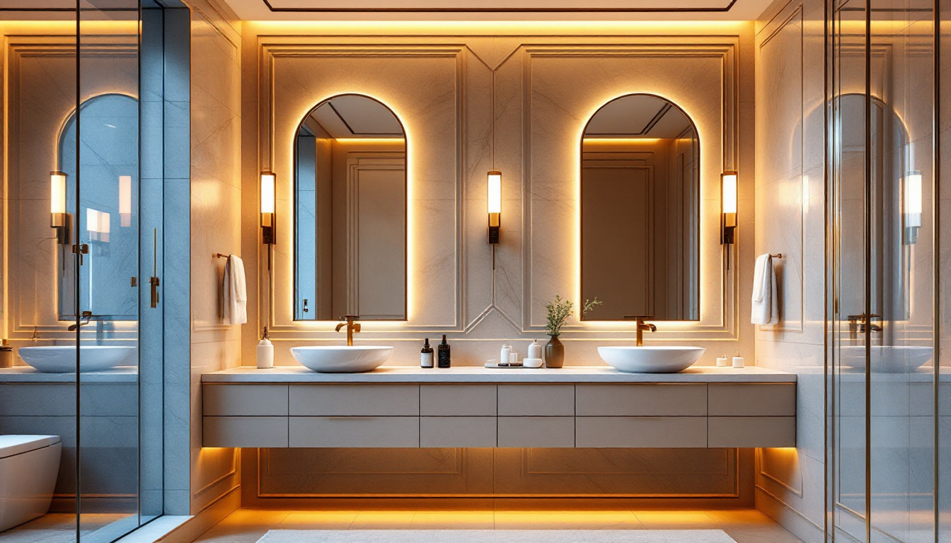 A photograph of a beautifully designed bathroom showcasing elegant concealed lighting that highlights key features like the vanity
