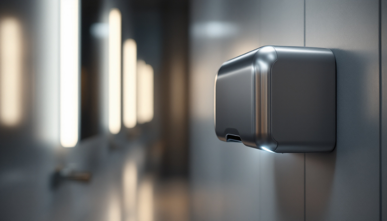 A photograph of a sleek and modern commercial hand dryer in a well-lit restroom setting