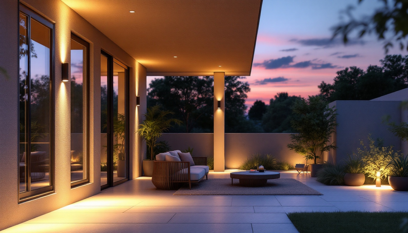 A photograph of a beautifully designed outdoor space featuring recessed can lights in use