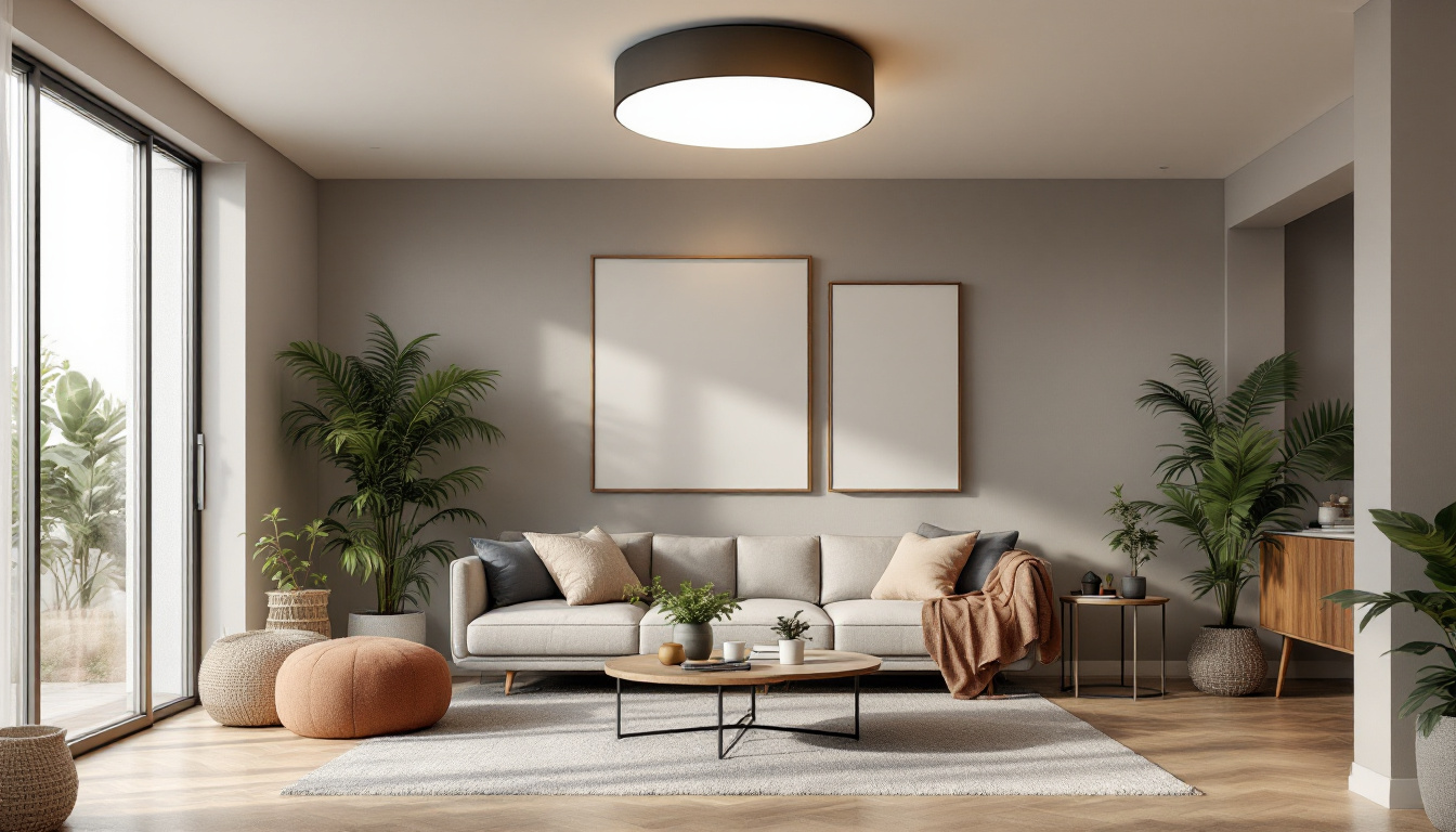 A photograph of a stylish flush mount ceiling fixture installed in a well-lit