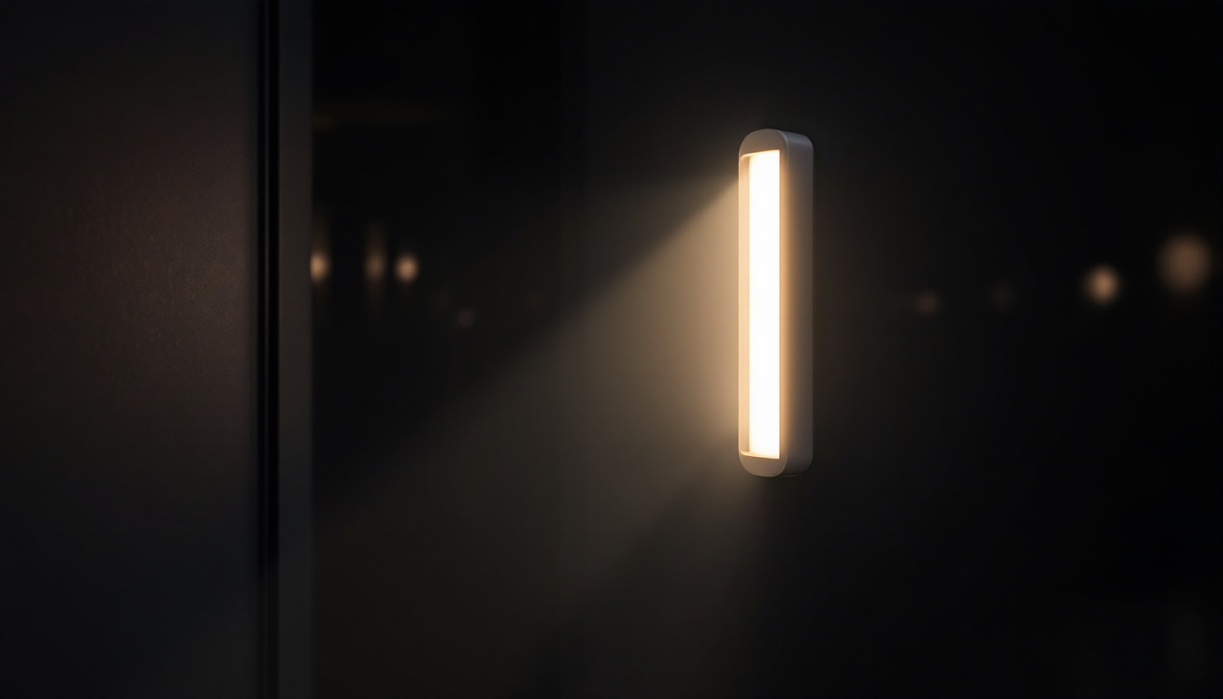 A photograph of a sleek led emergency light in a dimly lit environment