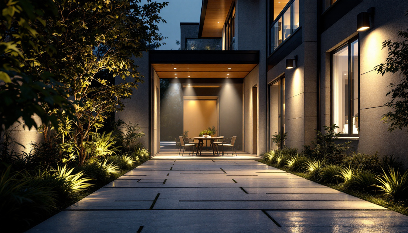 A photograph of a beautifully illuminated exterior space showcasing various styles of flood lights in action
