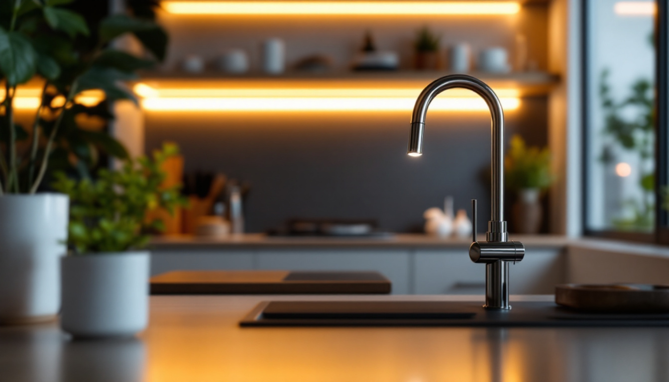 A photograph of a stylish kitchen or workspace featuring sleek led under-counter lights illuminating the area
