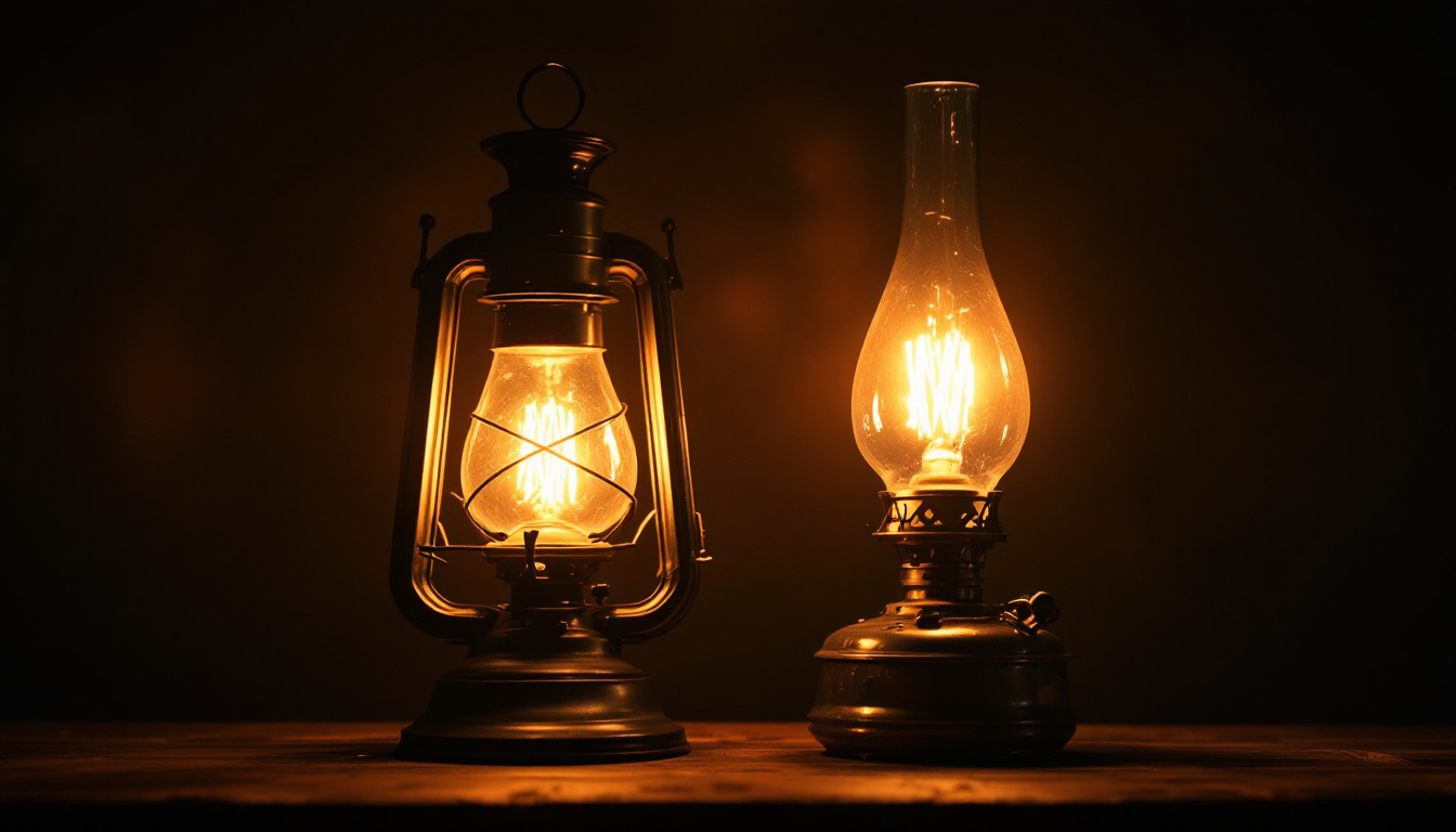 A photograph of a vintage gas lamp and an oil lamp side by side