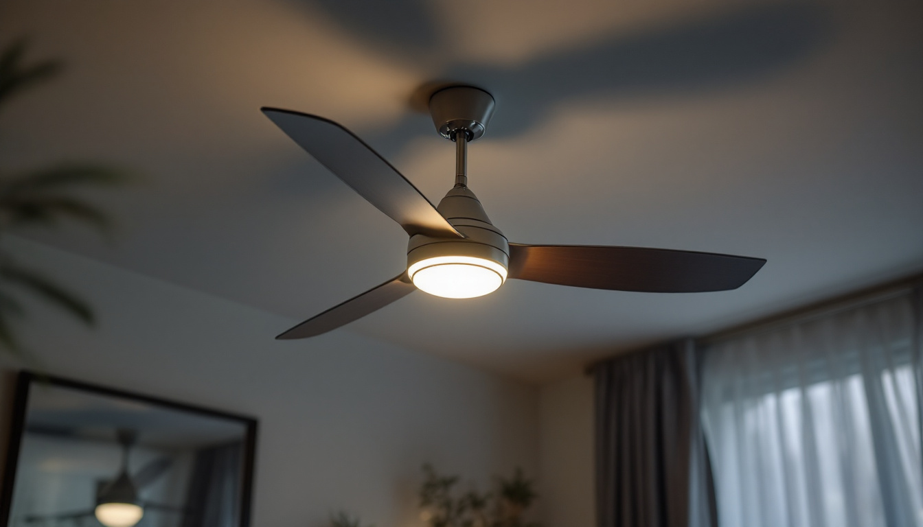A photograph of a stylish ceiling fan with integrated lighting