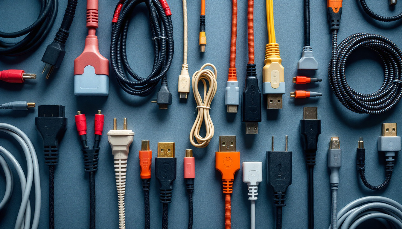 A photograph of a variety of electric cords displayed in an organized manner
