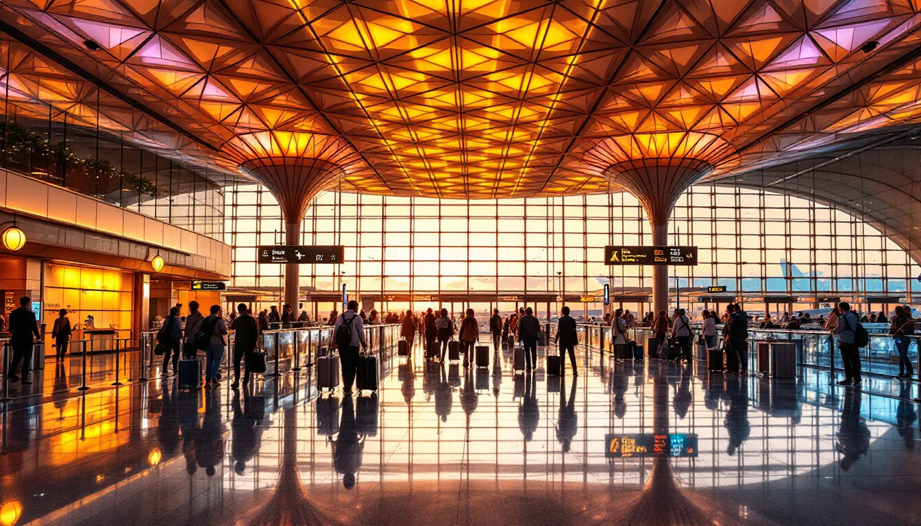 A photograph of a beautifully illuminated airport terminal at dusk