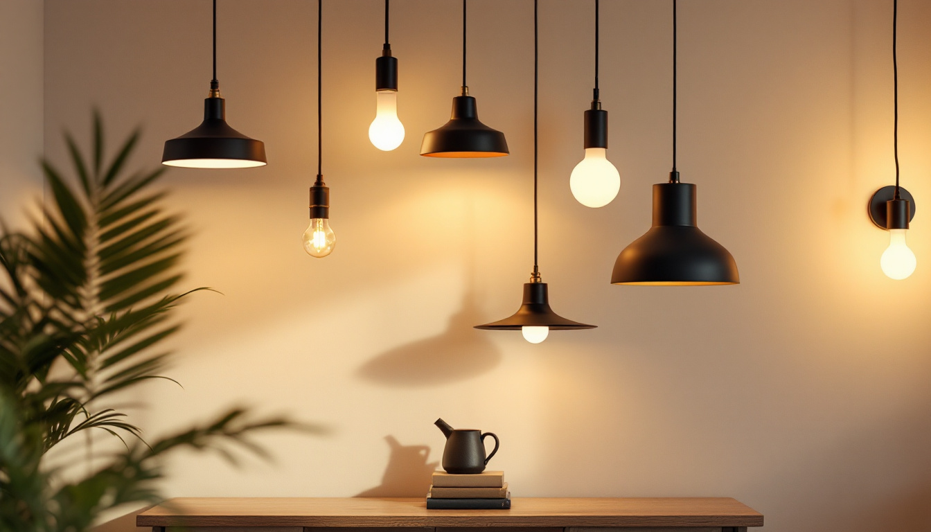 A photograph of a well-lit interior space showcasing a variety of stylish light fixtures