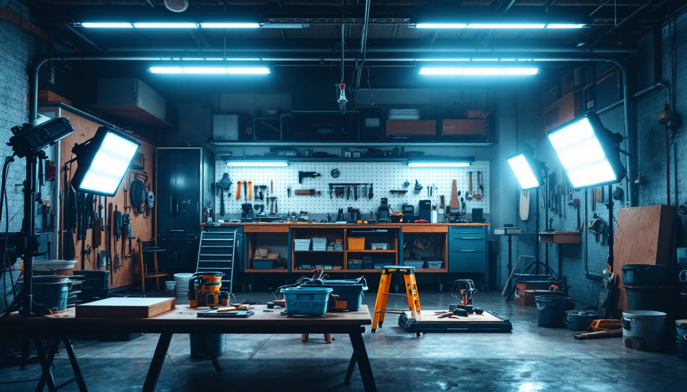 A photograph of a well-lit workshop or garage featuring multiple 2x4 led shop lights in use