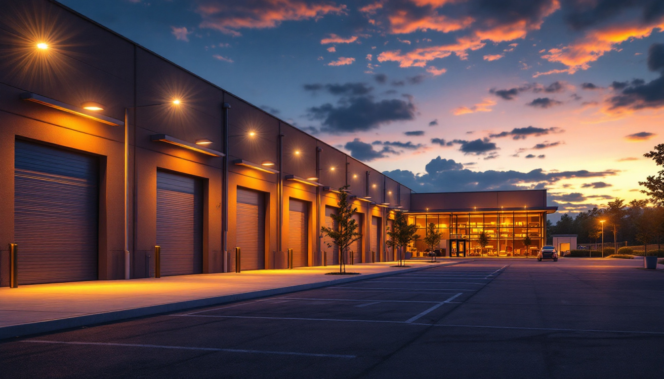 A photograph of a well-lit outdoor warehouse scene at dusk