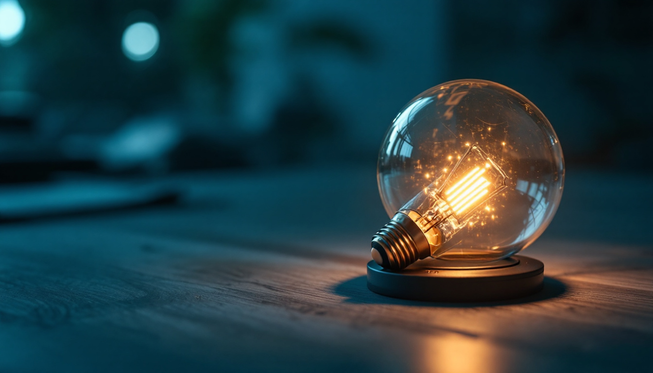 A photograph of a close-up shot of a modern led light ballast alongside a glowing led bulb