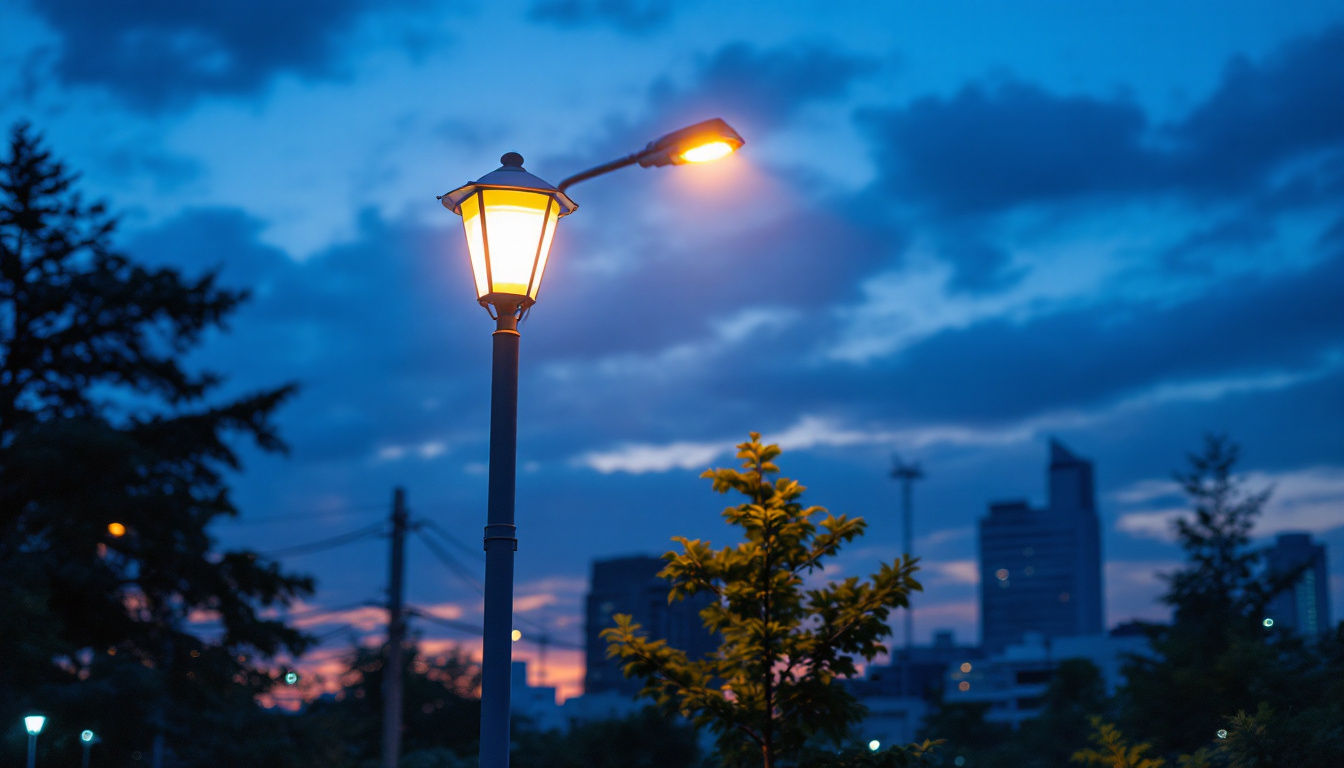 A photograph of a well-lit commercial light pole in an urban setting during twilight