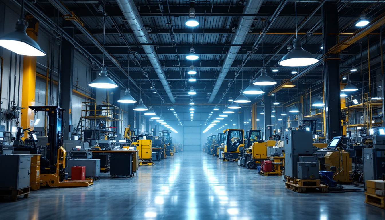 A photograph of a well-lit industrial or commercial space showcasing a variety of big temp led fixtures in use